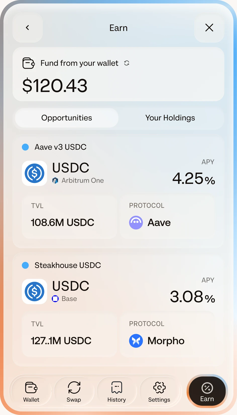 ZeroDev Earn wallet screen listing supported yield markets.