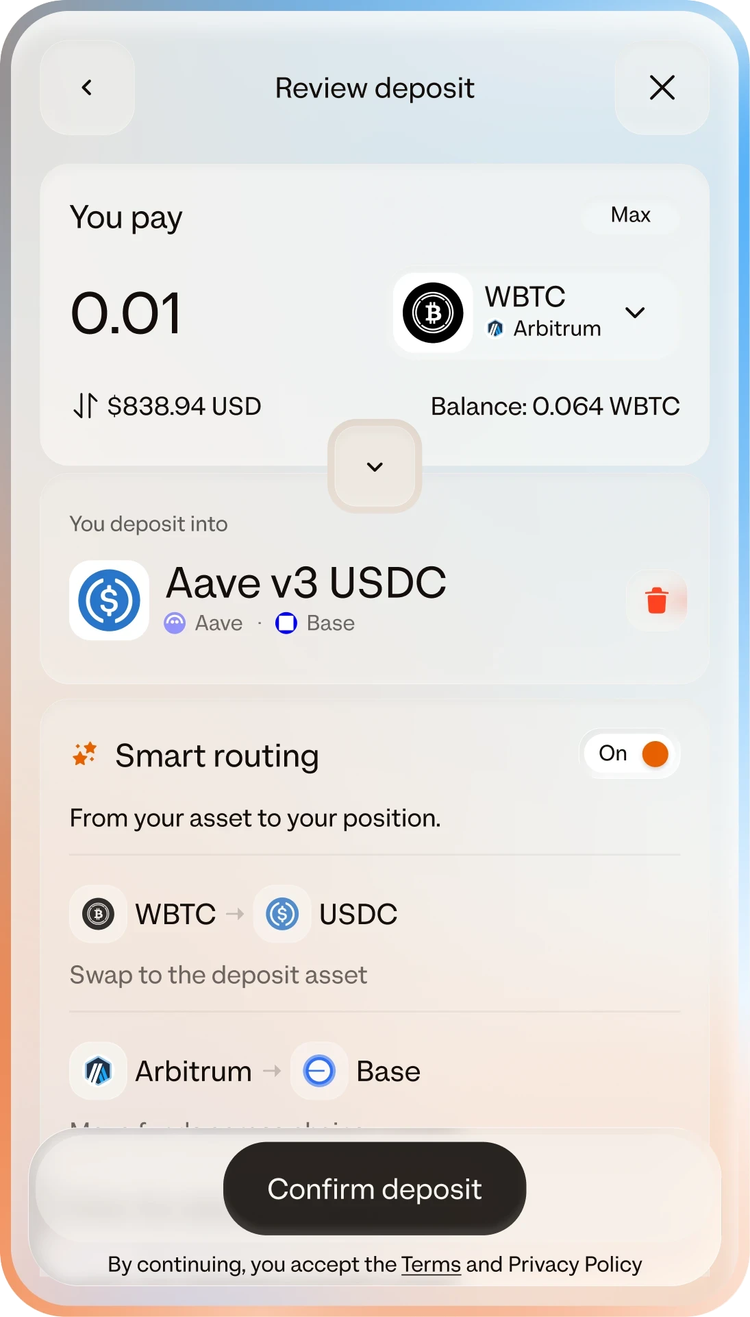 ZeroDev Earn review-deposit screen showing smart routing from WBTC to an Aave USDC position.